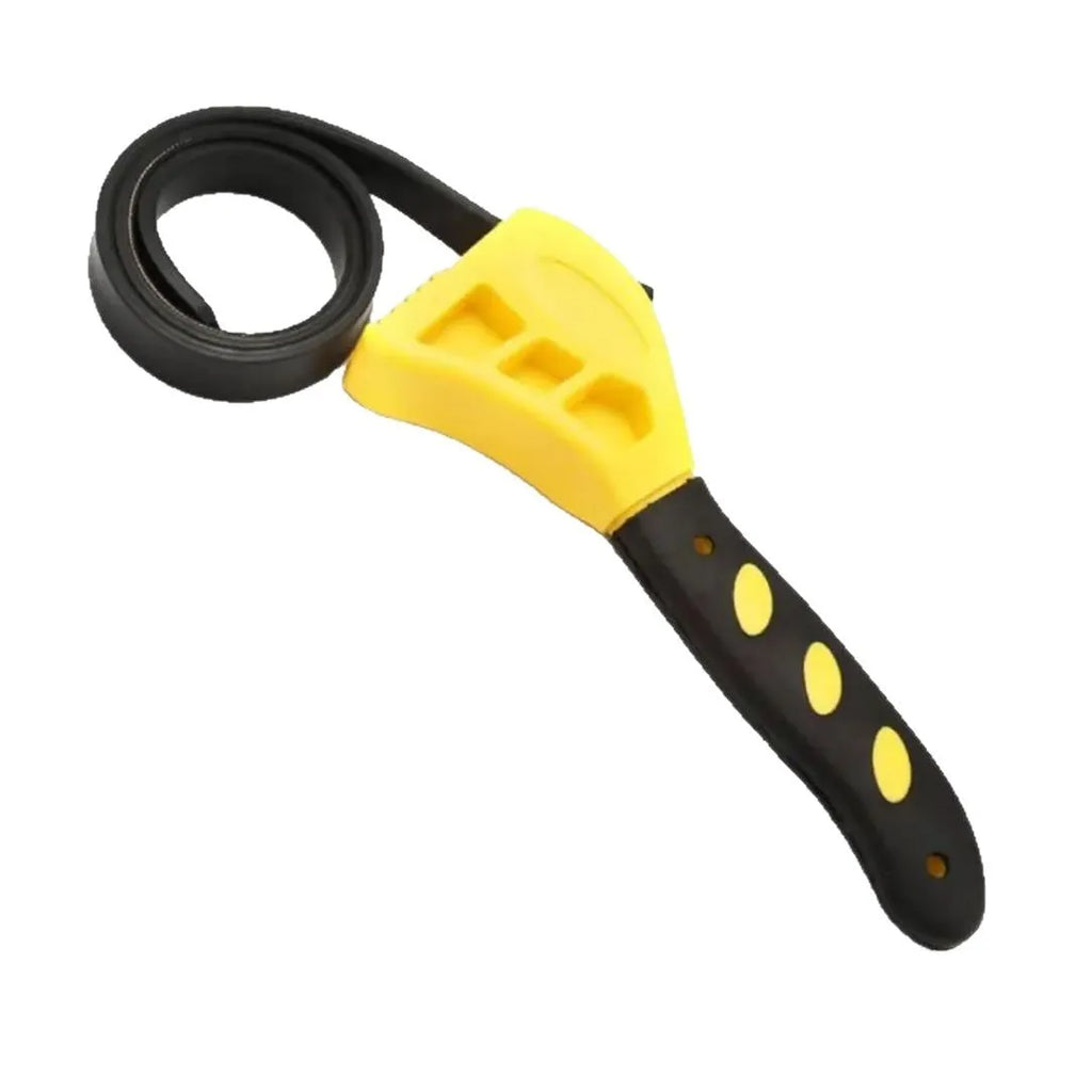 A 6-inch and 8-inch adjustable rubber strap wrench set on a workbench.