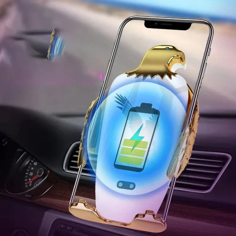 Wireless charging car phone holder in black gold colour with snap-on suction cup.