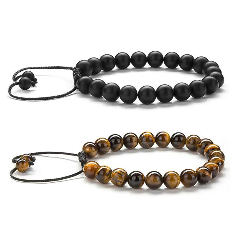Geometric matte black agate couple bracelets for matching wear.