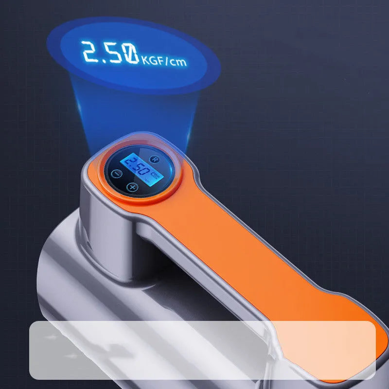 Cordless tyre inflator with digital display and LED light charging via USB