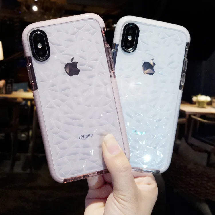 Pink and white striped TPU back cover case for iPhone, shown alongside black and white colour options.