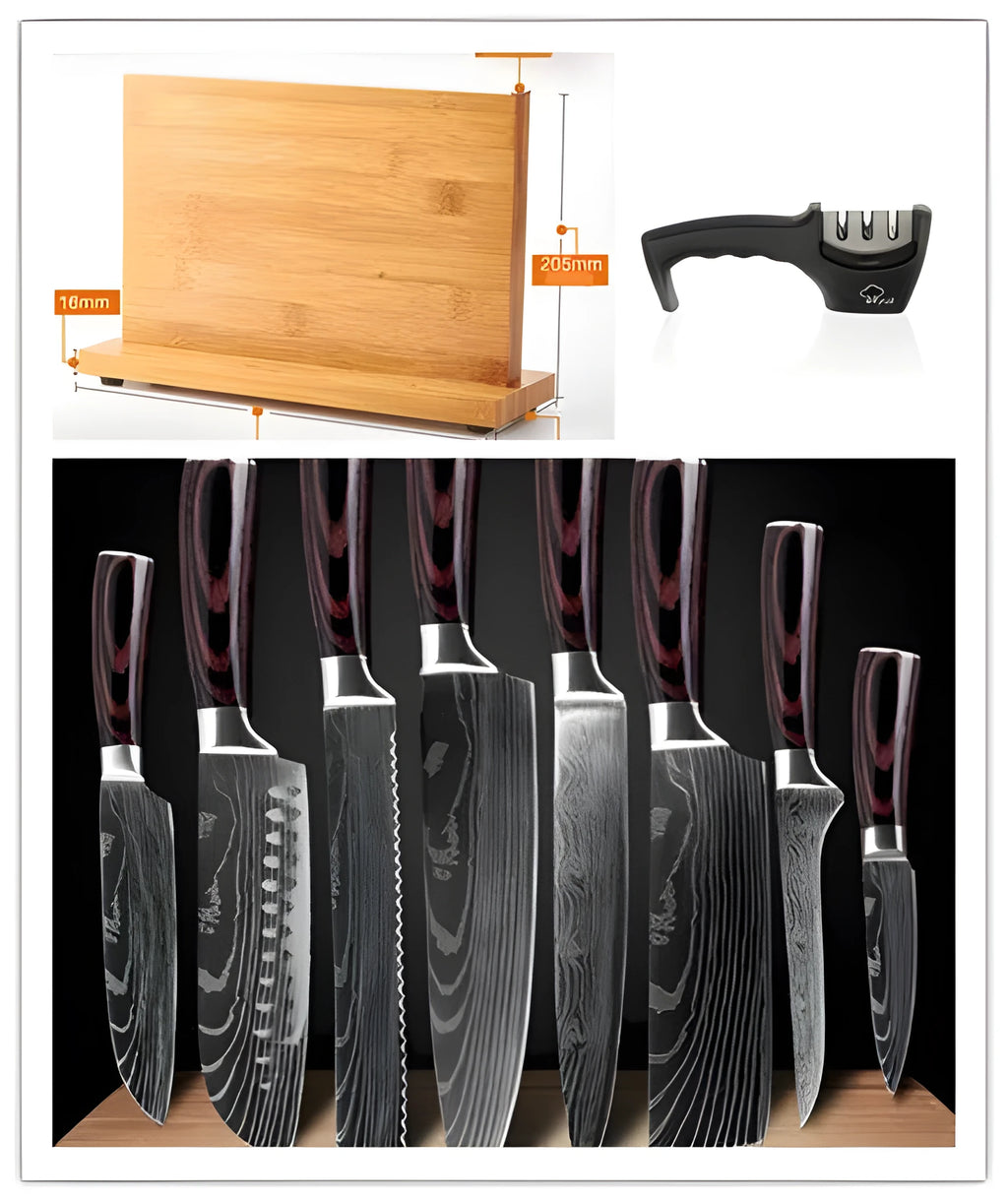 8-piece kitchen knife set with additional damascus steel and high carbon steel knives on cutting board