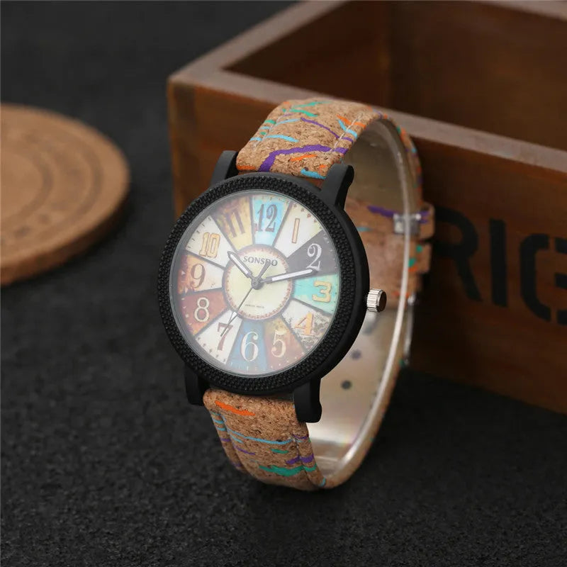 Women's vintage style leather strap quartz watch with 37mm round dial and stainless steel buckle