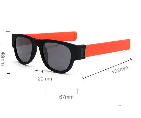 Folding polarised sports sunglasses on wristband bracelet, available in multiple colours