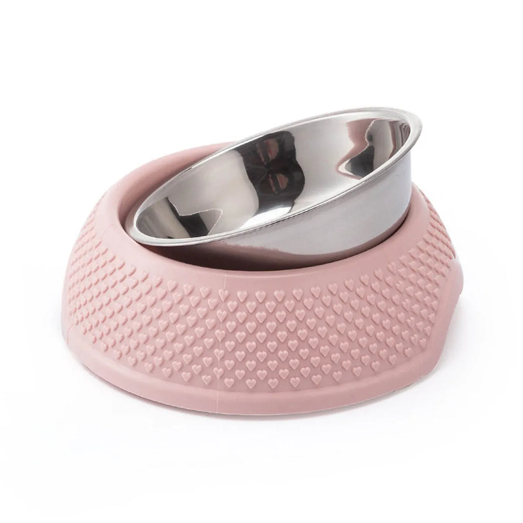 Stainless steel pet bowl with coloured non-slip base in blue, green, or pink.