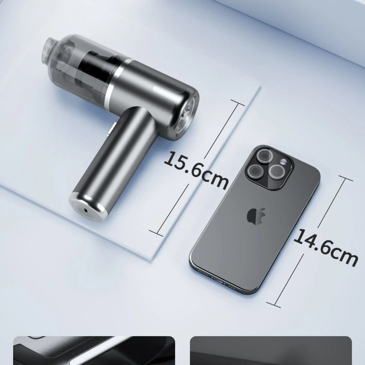 Cordless handheld car vacuum cleaner with attachments on brushed aluminium surface