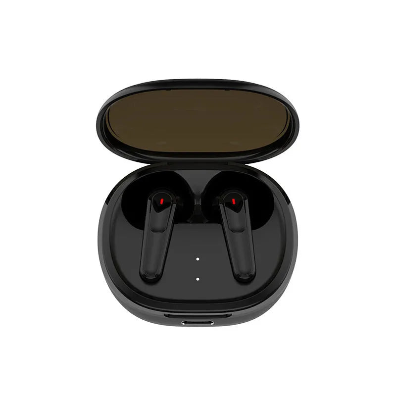 Matte black in-ear Bluetooth headset with active noise reduction on a grey background.