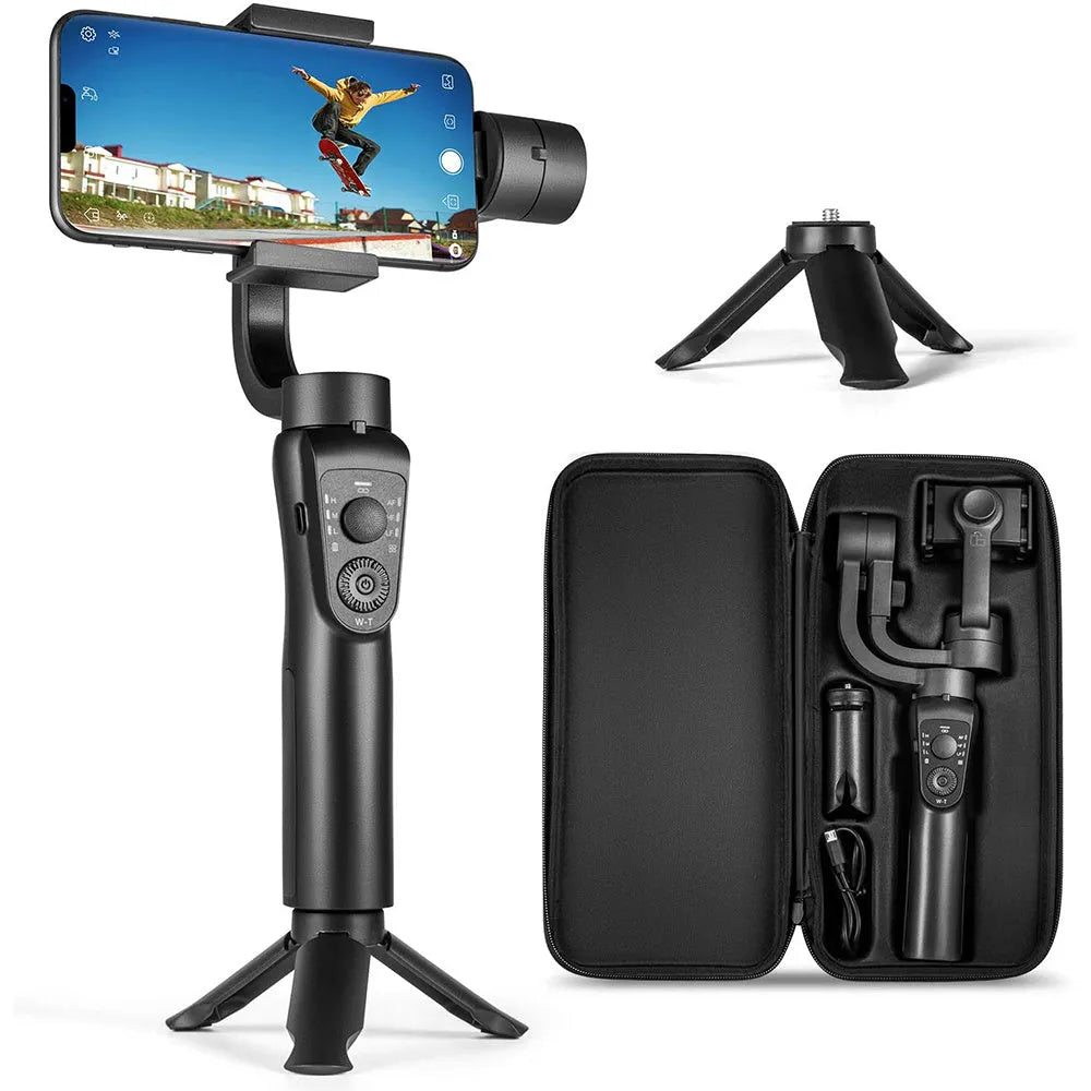 Black S5/S5B three-axis handheld gimbal stabiliser for mobile phones with hard case and tripod
