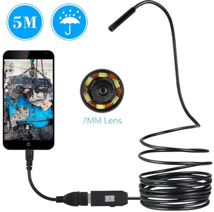 OWSOO USB endoscope inspection camera with 5m cable, LED lights, magnet, and hook attachments