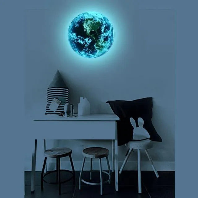 Glow in the dark 3D Earth planet wall sticker in three size options on a dark blue background.