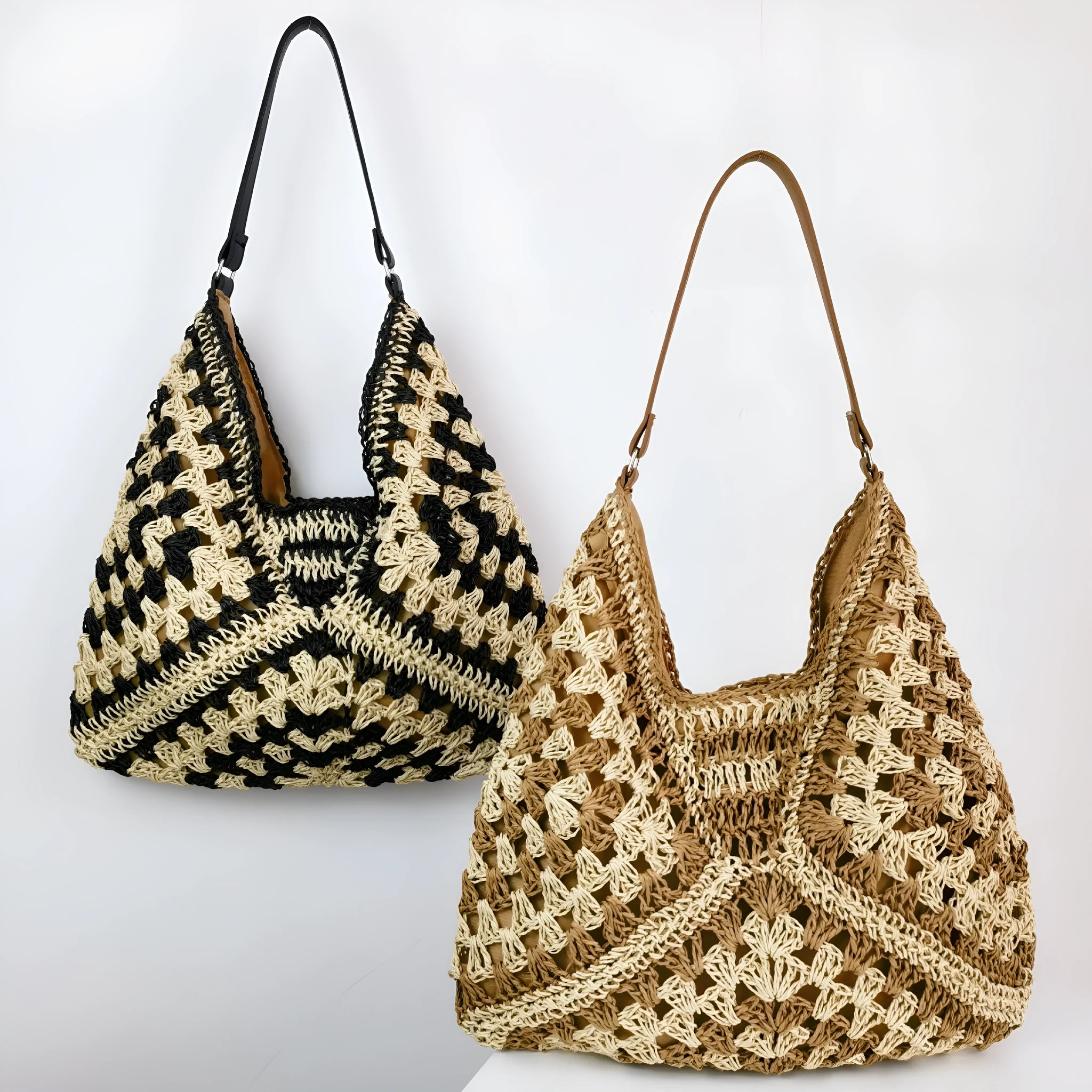 Handmade straw woven hollow contrast colour weave women's shoulder bag with polyester lining in khaki beige