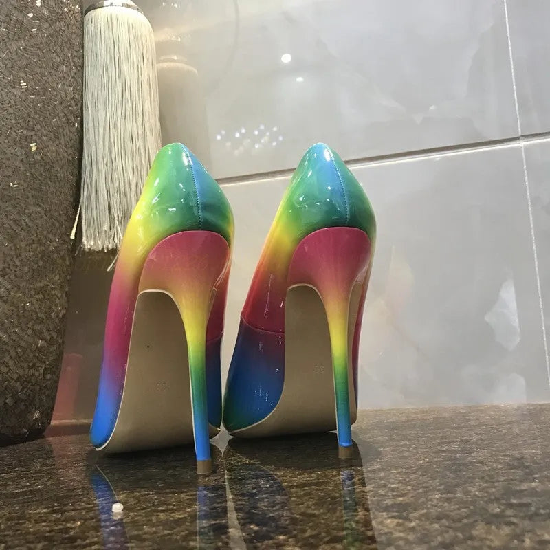 Rainbow patent leather women's high heels with pointed toe and ultra-high thin heel