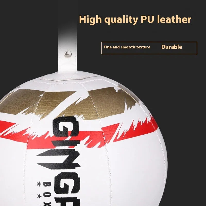 A black hanging boxing speed ball for reaction and dodge training, shown suspended.