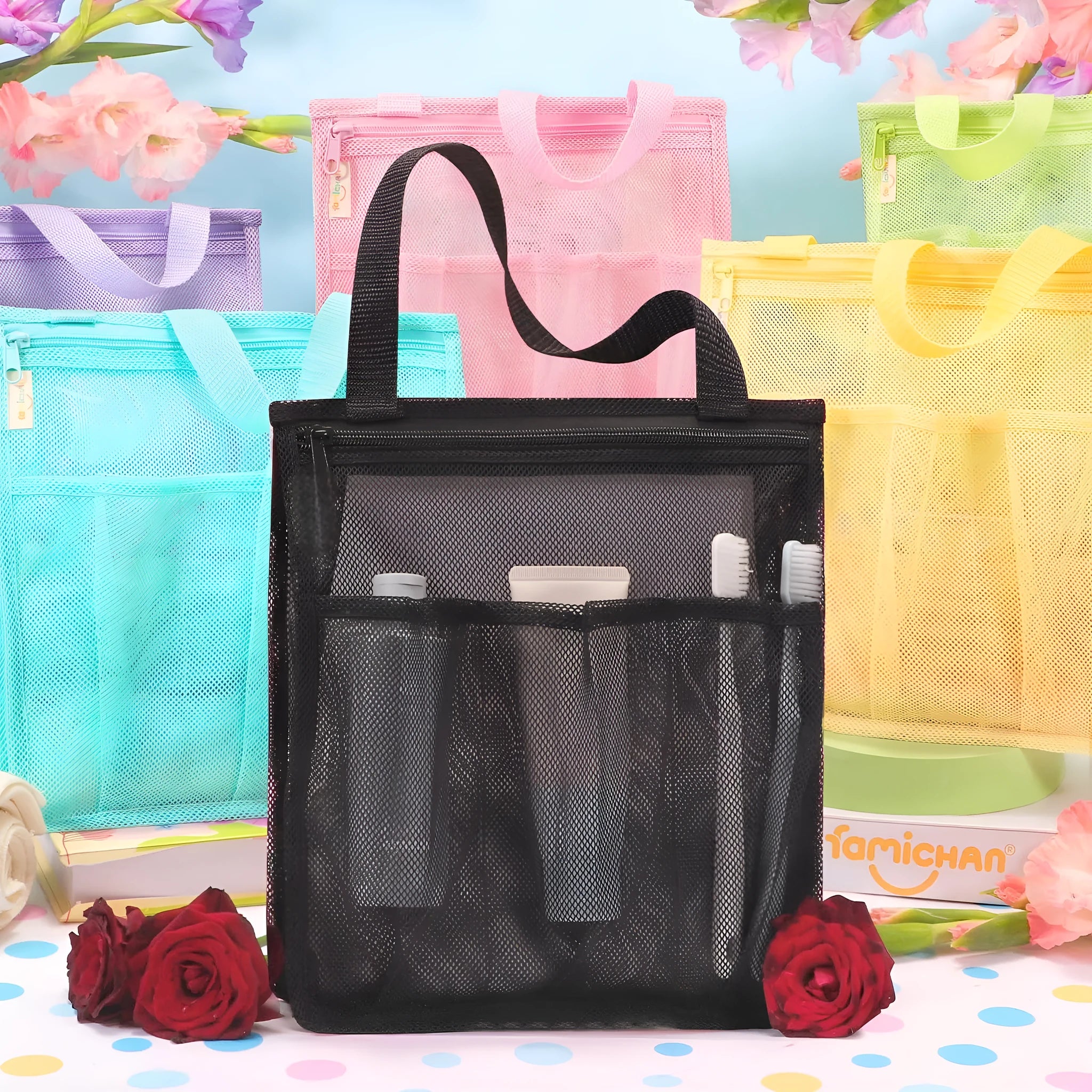 Large black and pink swimming gym bag with dry wet separation compartments and mesh pocket
