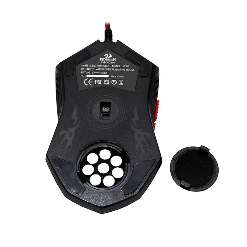 Black and red wired USB gaming mouse with six buttons and ergonomic shape on a desktop.