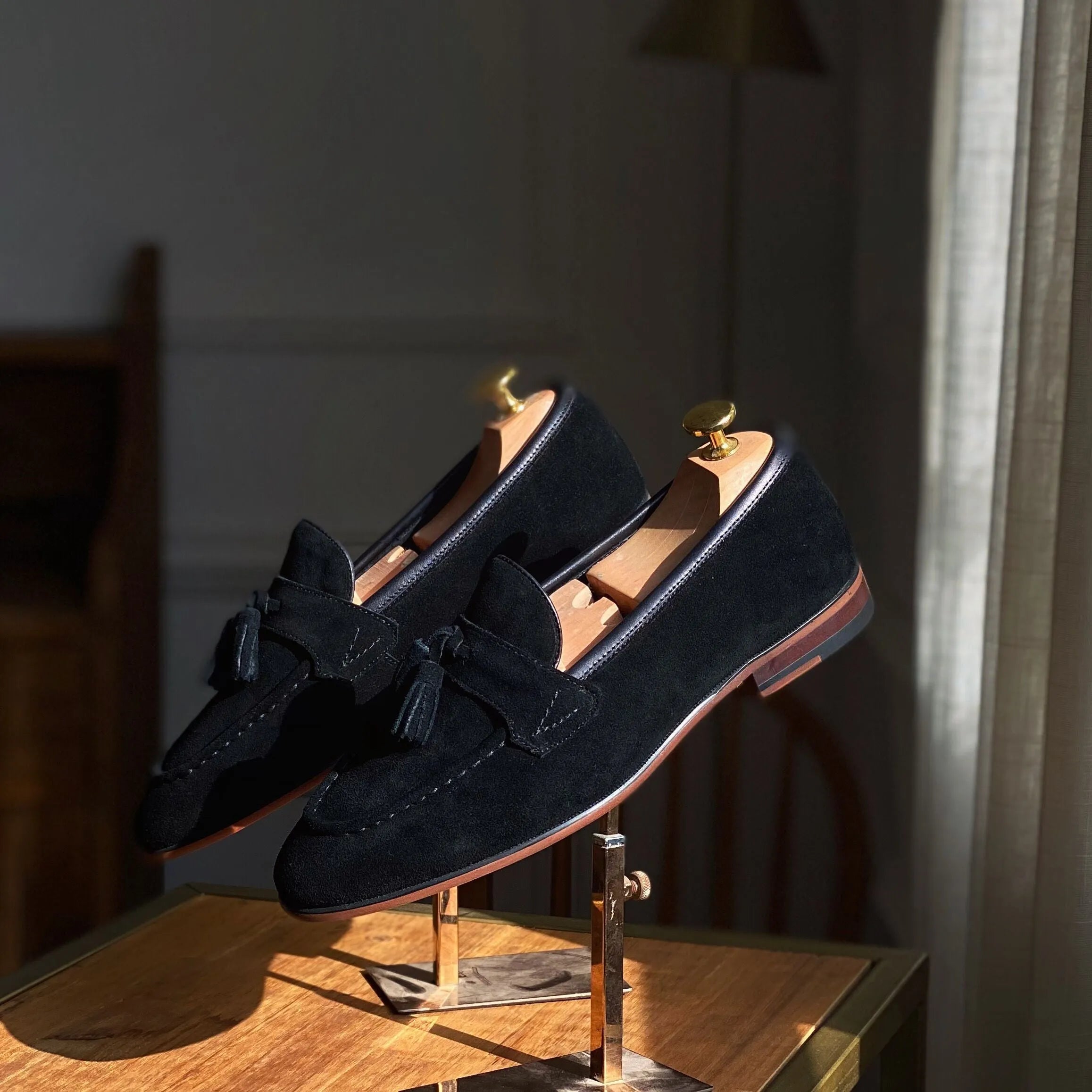 Men's square cowhide suit shoes in black, genuine first layer leather upper, slip-on closure, side view