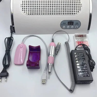 Pink multi-function nail cleaner with curing lamp, vacuum, and phone charging port, 35x30x11 cm