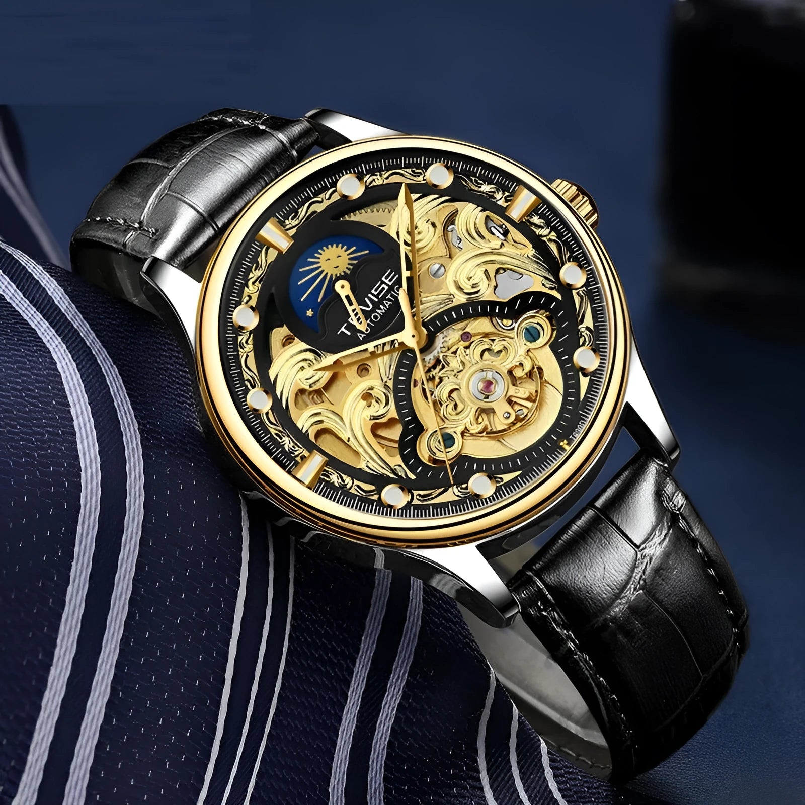Men's gold and white leather strap automatic waterproof business watch with thick case.