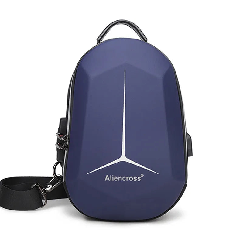 Waterproof Oxford cloth chest bag in black, blue, brown, or rose red, showing front compartment.