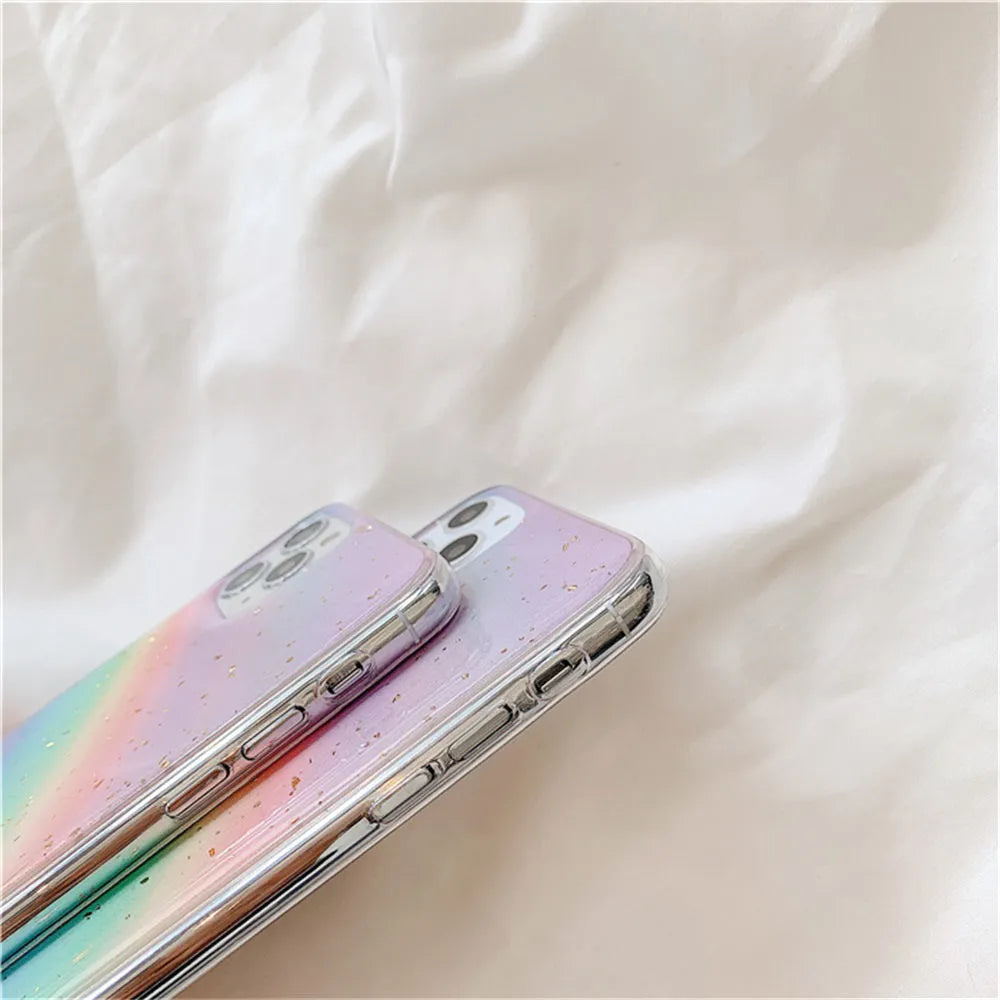 Rainbow gradient coloured TPU protective case for iPhone on a white background.