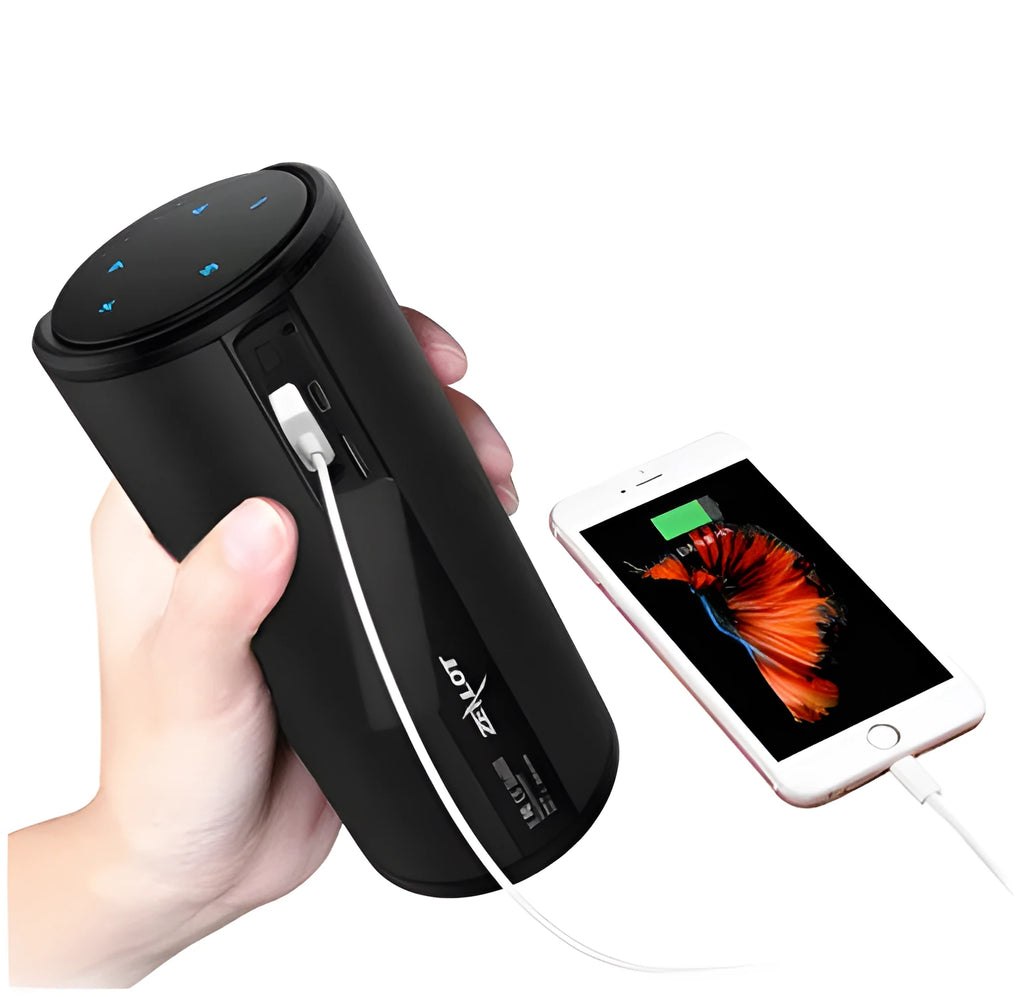 Compact portable Bluetooth speaker in black, blue, or red colours