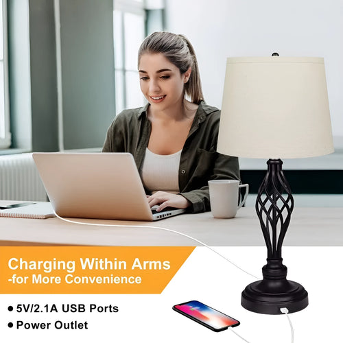 European style alloy bedside table lamp with touch controls and USB charging socket