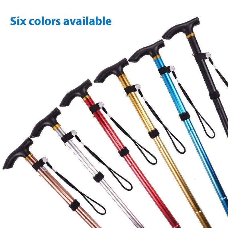 Aluminium folding walking stick with non-slip handle, shown extended and in black colour.