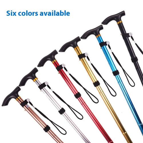 Aluminium alloy folding walking cane with adjustable height and non-slip rubber handle.
