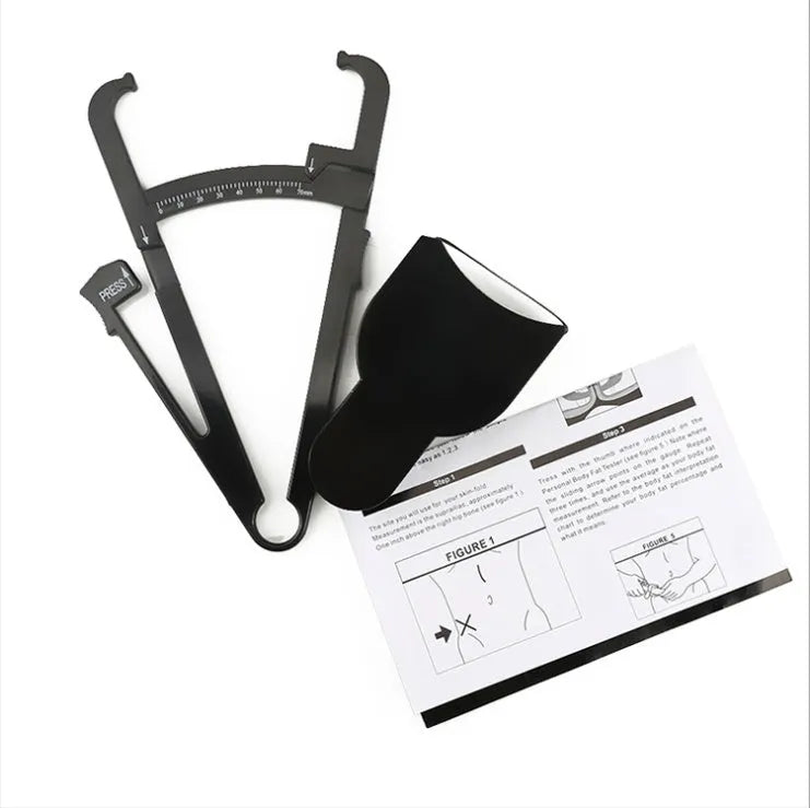 Black ABS body fat caliper instrument with measurement scale and pinching mechanism.