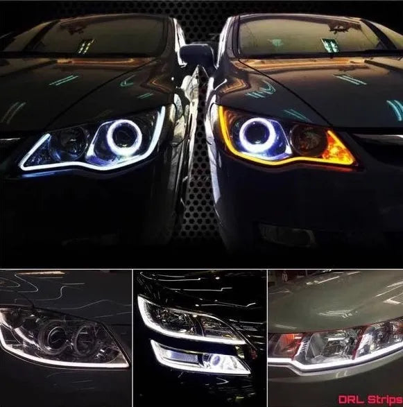 60cm ultra-thin car LED tear light guide strip in white yellow two-colour mode on a dark background