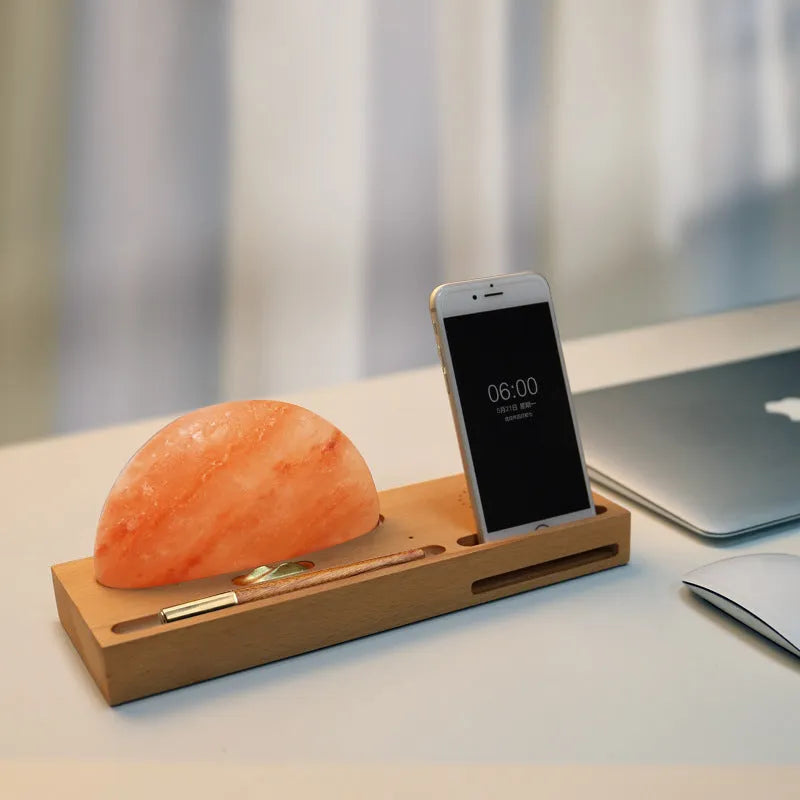 Sunrise Oriental wooden base salt lamp with natural crystal shade and integrated wireless phone charging pad