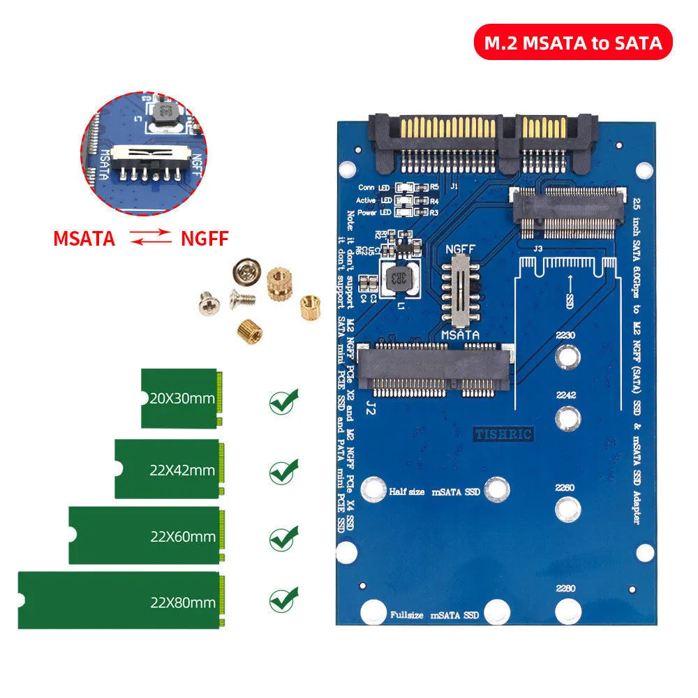 SATA3 to M.2 NGFF mSATA SSD adapter conversion card on blue background.