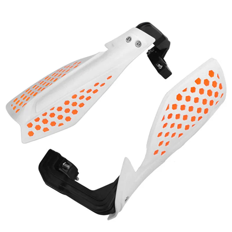 Plastic motorcycle hand guards in black and orange for universal handlebar fit