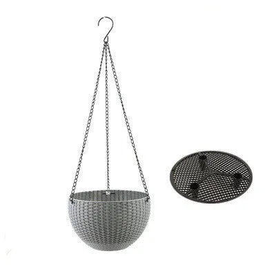 Plastic hanging basket planter with inner tank on a metal chain, shown in multiple colour options.