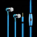 Blue LED light-up earphones with a remote control, compatible with iPhone and Samsung phones.