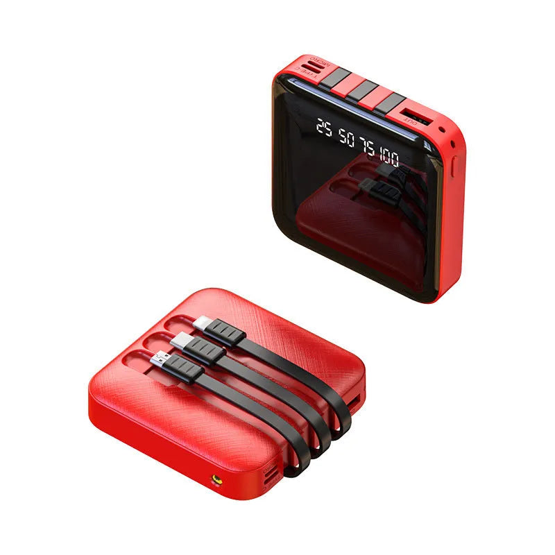 Black mirror-finish portable power bank with integrated charging cable.