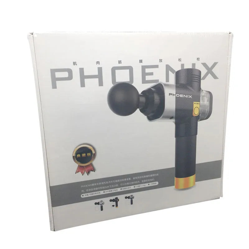 Black ABS fascia massage gun with four different coloured attachment heads on a grey surface.