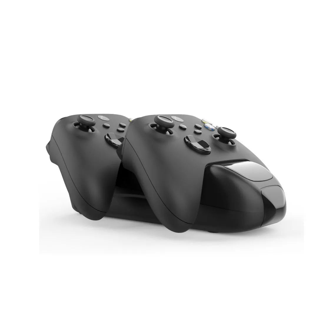 Black Xbox Series X controller charging dock holding two controllers with LED status lights visible.