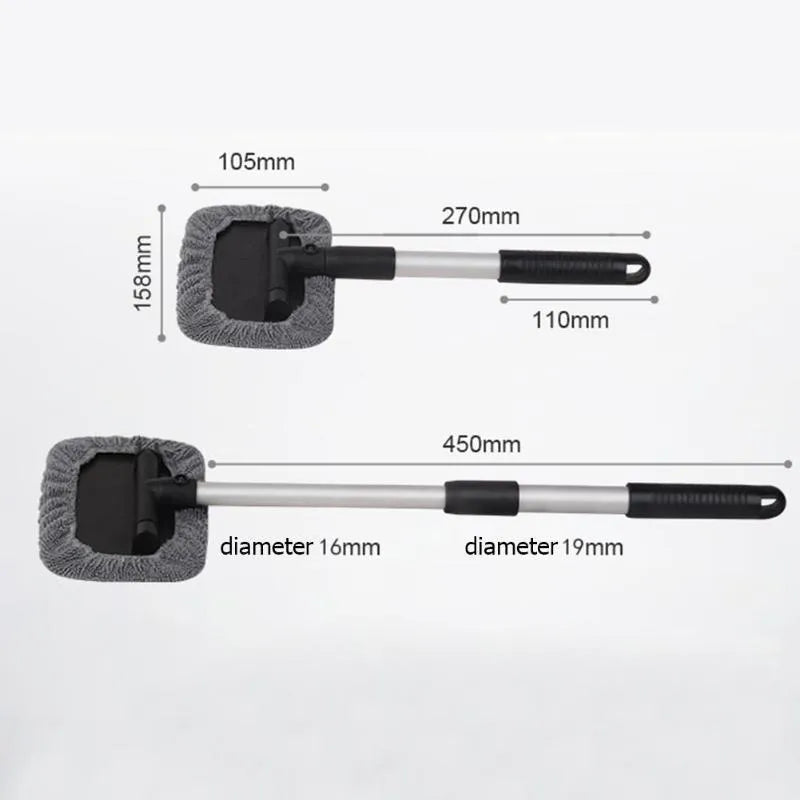 Black telescopic car windscreen cleaning brush with aluminium alloy rod, 180 degree rotating head and fibre cover, 15 x 10cm scraper