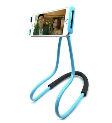Universal neck phone holder in multiple colours showing 360-degree rotation and smartphone compatibility.