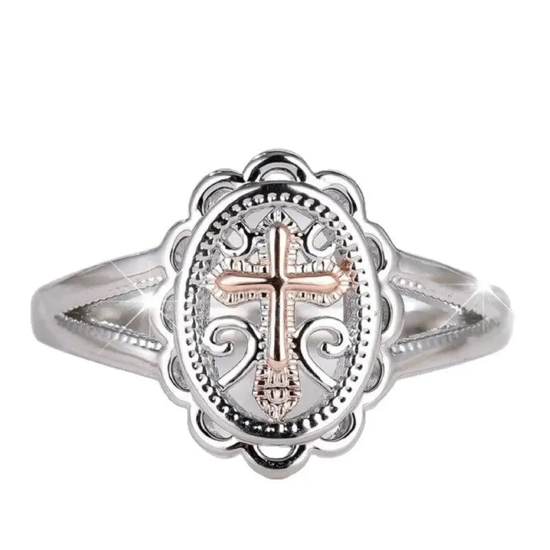 Women's silver cross lace fashion ring showing intricate pattern detail on alloy band