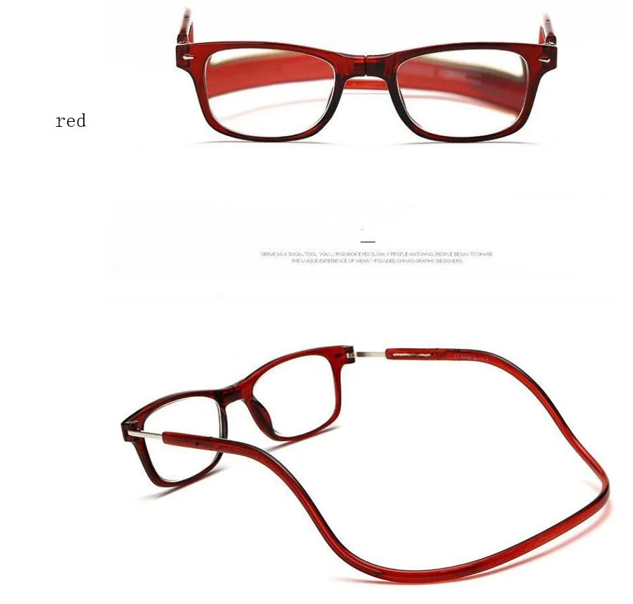 Portable magnetic hang neck reading glasses with pure titanium full frame, adjustable length, gray red legs colour