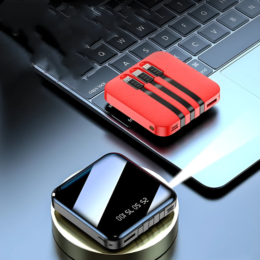 Black mirror-finish portable power bank with integrated charging cable.