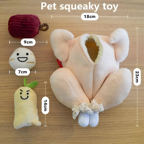 Cartoon plush chicken dog toy with removable jujube and ginseng sound parts plus teething rope on white background