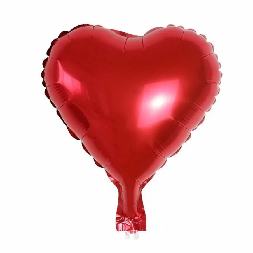 Set of five shiny metallic peach heart-shaped aluminium balloons in rose red colour.