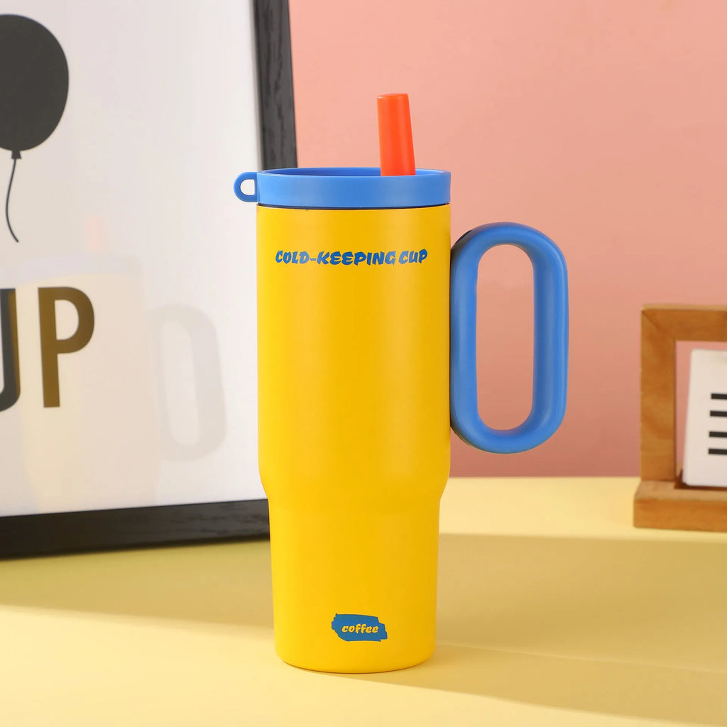 Portable large capacity insulated drink cup with handle in multiple colour options.
