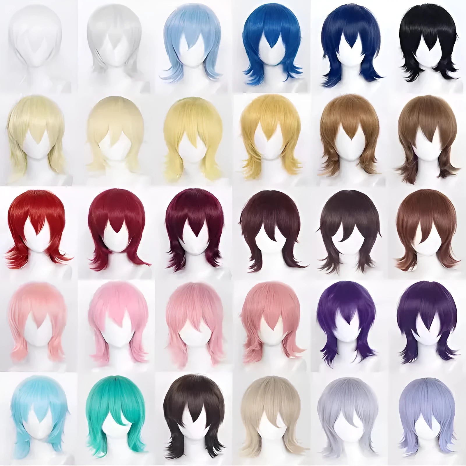 Short black anime cosplay wig with a lengthened hair tail on a wig stand.