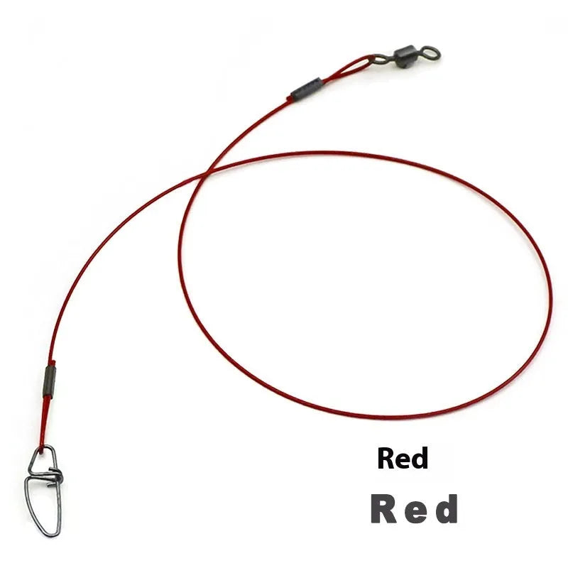 Green, black, and red steel wire fishing tackle accessories with double buckle pins, each 54cm long.