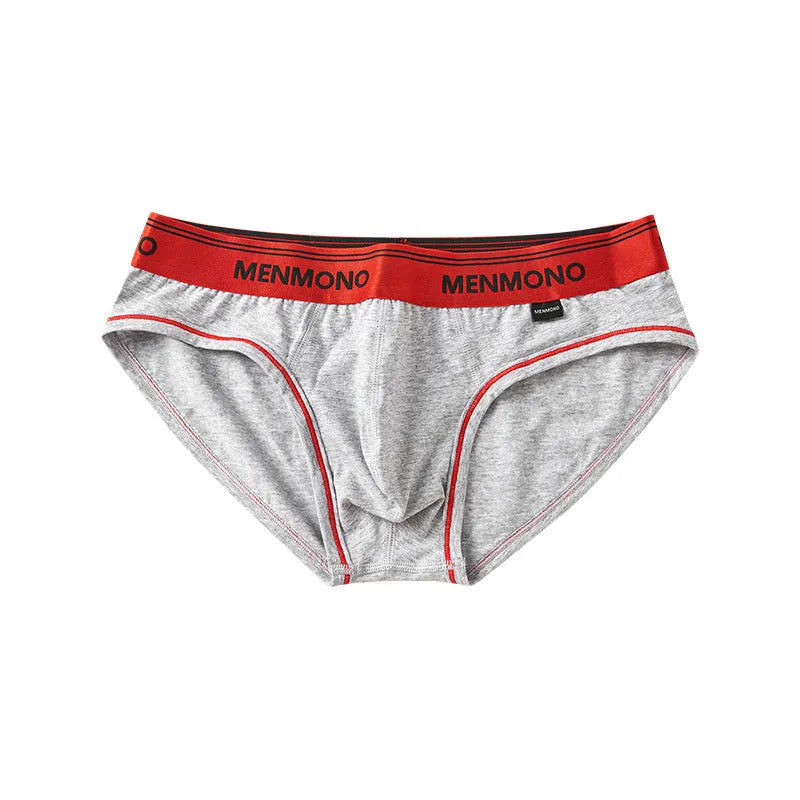 Men's low waist cotton briefs showing two-tone colour combinations including black/blue and white/red options