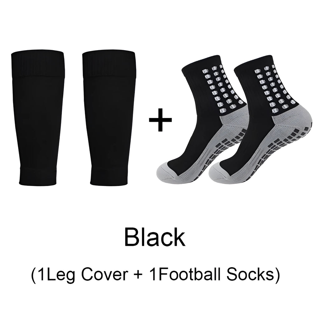 Sports soccer socks with knee pads, glue dispensing non-slip, mid-calf length, polyester blend, solid colour, for men and women